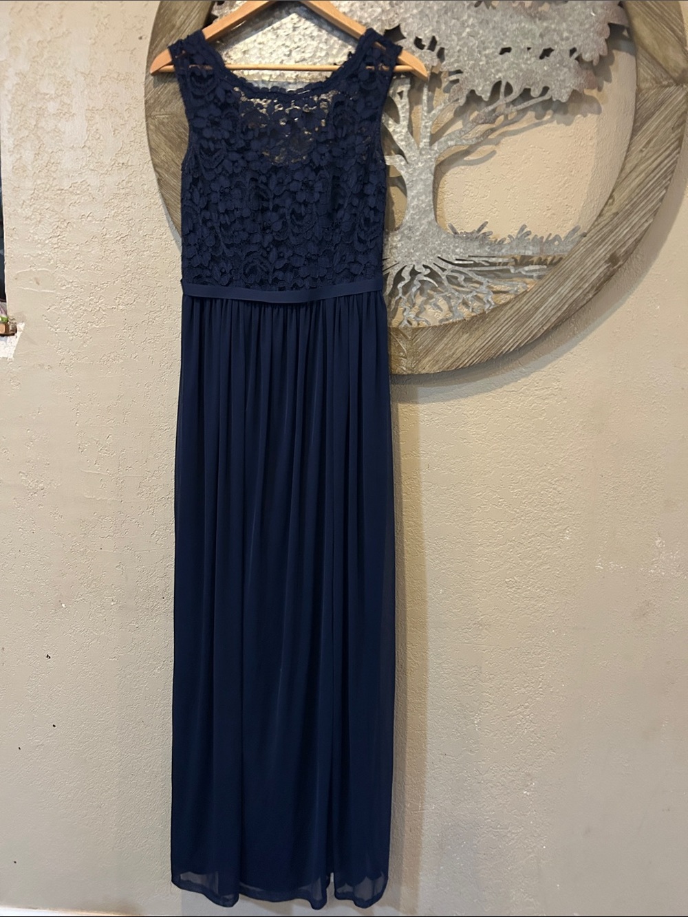 David's Bridal Navy Lace Bodice Maxi Gown